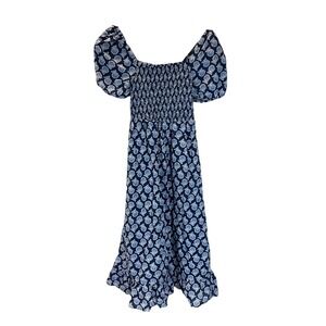 J. Crew XXS Smocked Midi‎ Dress Navy Blue Floral Puff Sleeve Pockets